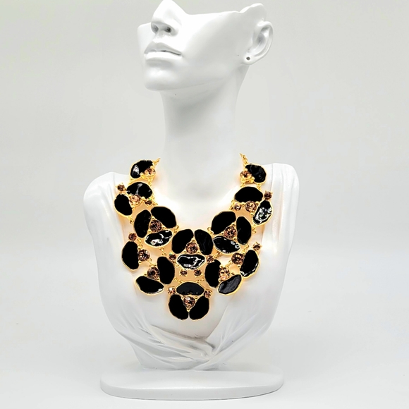 Kate Spade Oversized Black Enamel Flower Cluster Necklace with Golden Crystals